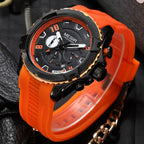 MEGIR 2200 men's chronograph watch, black case with orange bezel, black dial and orange silicone strap, angled view