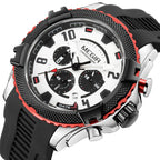 MEGIR 2200 men's chronograph watch, silver case with red accents, white dial and black silicone strap, angled view