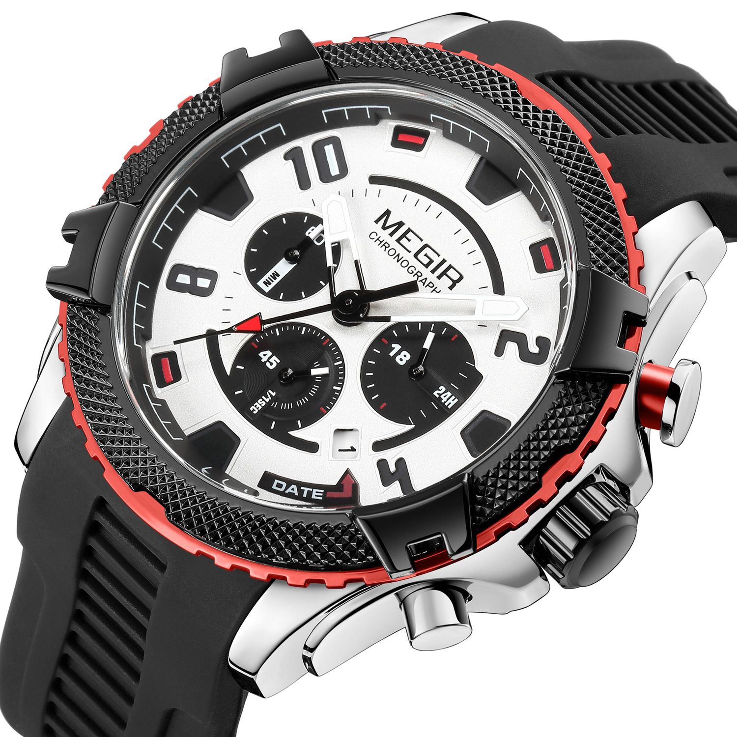 MEGIR 2200 men's chronograph watch, silver case with red accents, white dial and black silicone strap, angled view