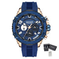 MEGIR 2200 men's chronograph watch, rose-gold and blue case with blue dial and blue silicone strap, with gift box