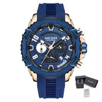 MEGIR 2200 men's chronograph watch, rose-gold and blue case with blue dial and blue silicone strap, with gift box