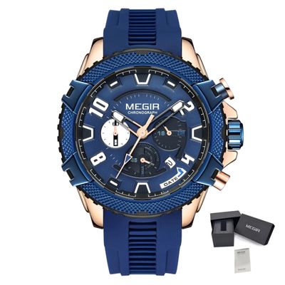 MEGIR 2200 men's chronograph watch, rose-gold and blue case with blue dial and blue silicone strap, with gift box