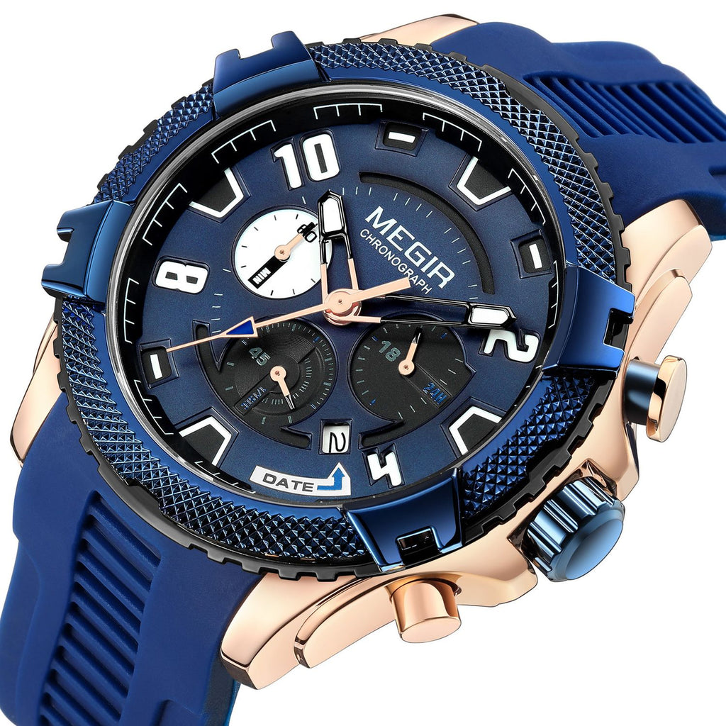 MEGIR 2200 men's chronograph watch, rose-gold and blue case with blue dial and blue silicone strap, angled view