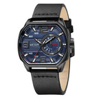 MEGIR 2201 men's sport watch, black case with blue dial and black leather strap, front view