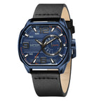 MEGIR 2201 men's sport watch, blue case with blue dial and black leather strap, front view
