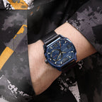MEGIR 2201 men's sport watch on the wrist, blue case with blue dial and black leather strap