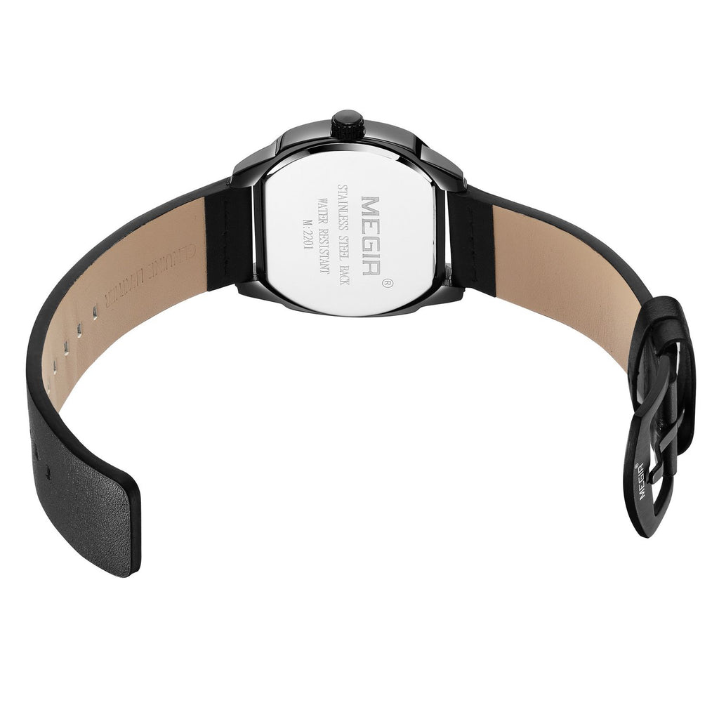 MEGIR 2201 men's sport watch caseback with engravings, black leather strap and buckle