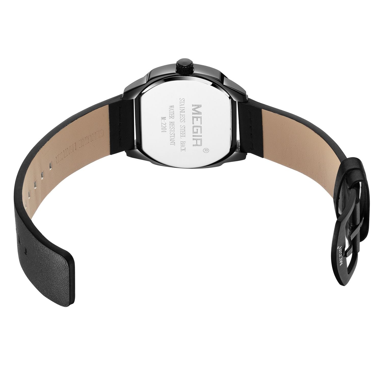 MEGIR 2201 men's sport watch caseback with engravings, black leather strap and buckle