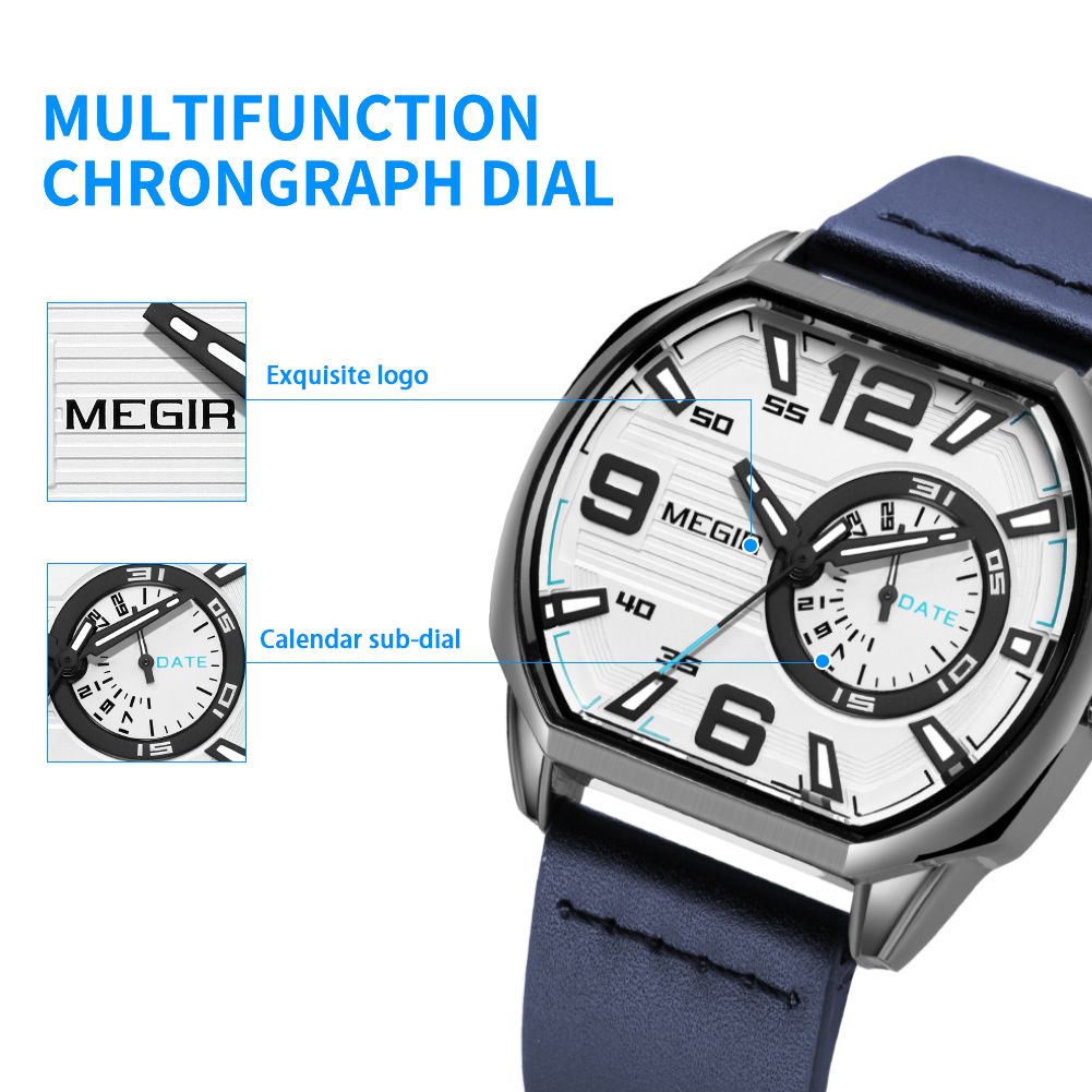MEGIR 2201 men's sport watch feature graphic highlighting the logo and calendar sub-dial