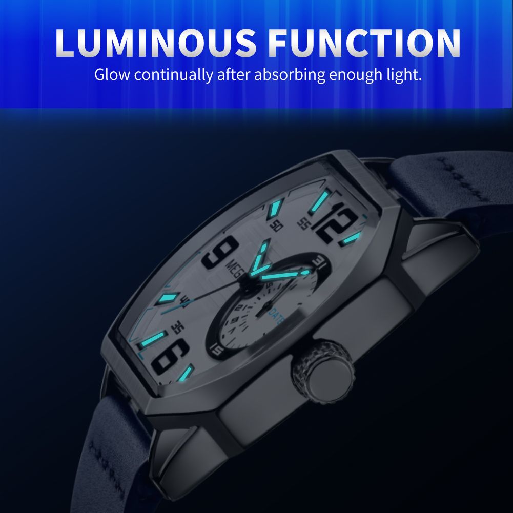 MEGIR 2201 men's sport watch feature graphic showing luminous hands and numerals glowing in the dark