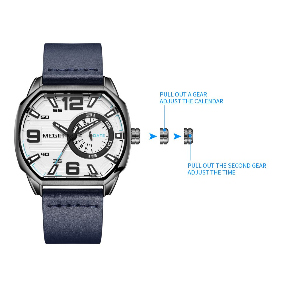 MEGIR 2201 men's sport watch operation graphic showing how to adjust the calendar and time