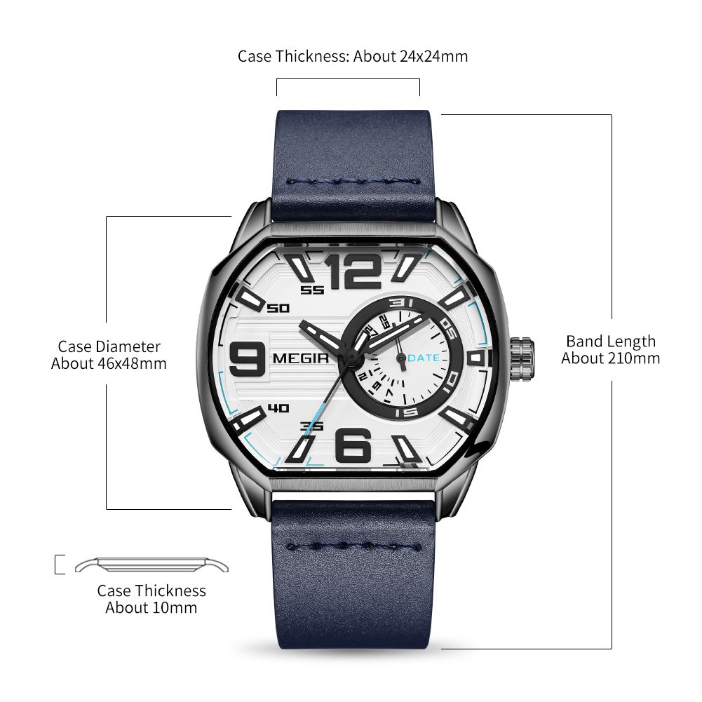 MEGIR 2201 men's sport watch parameters graphic with case diameter, band length and thickness