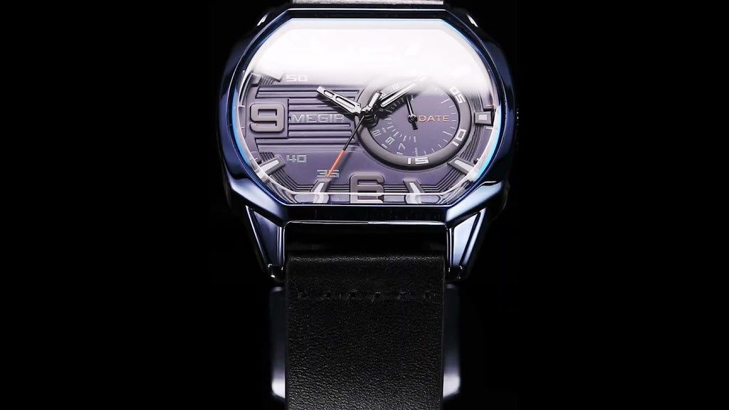 MEGIR 2201 men's sport watch, silver case with black dial and black leather strap, studio view