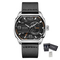 MEGIR 2201 men's sport watch, gunmetal tonneau case with black dial and black leather strap, with gift box