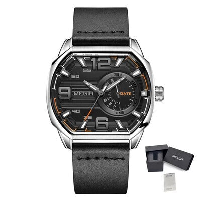 MEGIR 2201 men's sport watch, gunmetal tonneau case with black dial and black leather strap, with gift box