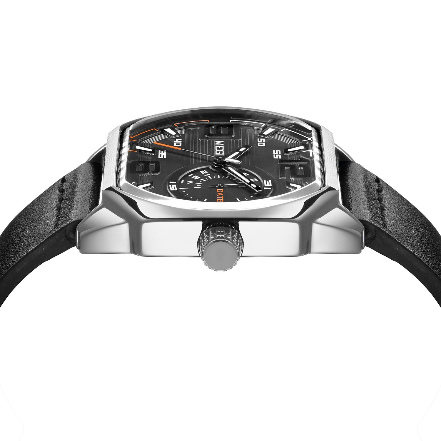 MEGIR 2201 men's sport watch, silver case with black dial and black leather strap, side profile