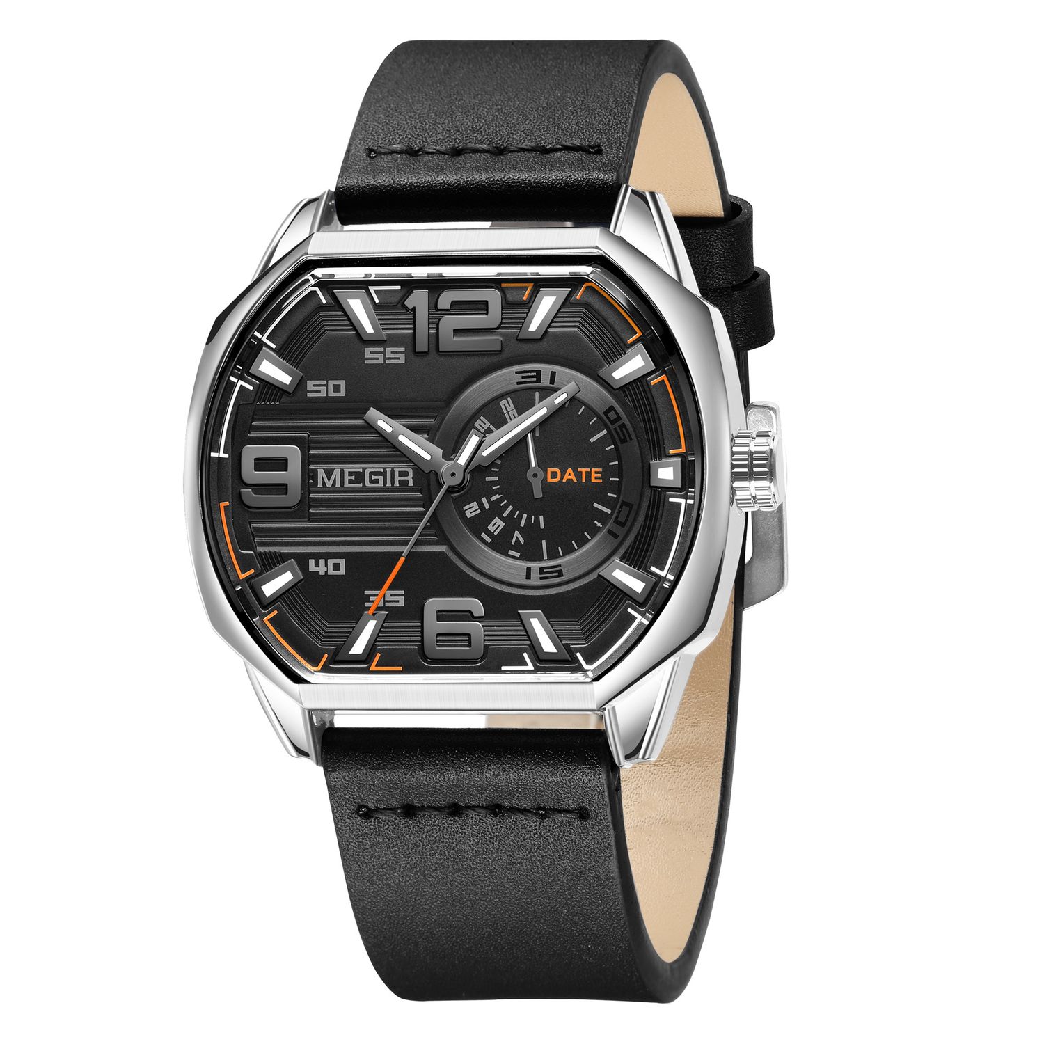 MEGIR 2201 men's sport watch, silver case with black dial and black leather strap, front view