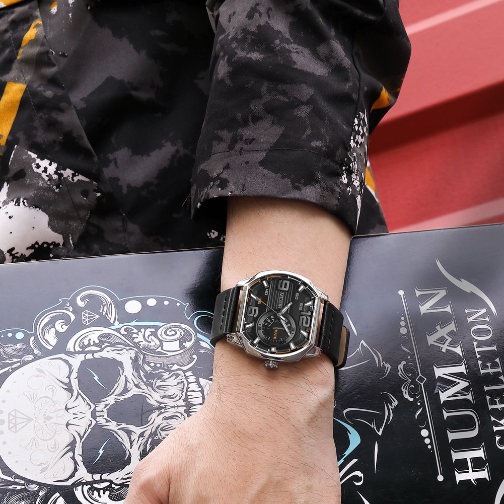 MEGIR 2201 men's sport watch on the wrist, silver case with black dial and black leather strap