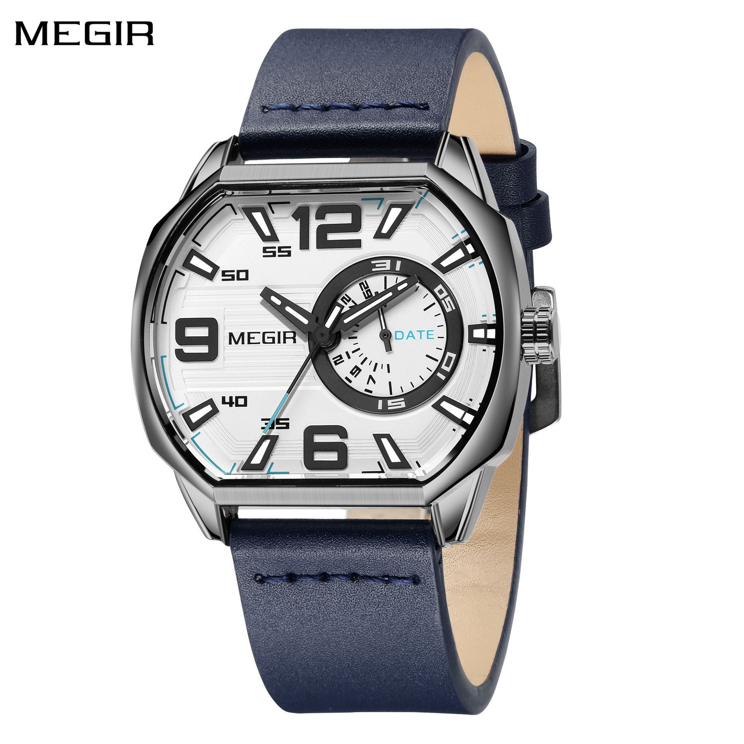 MEGIR 2201 men's sport watch, gunmetal tonneau case with white dial and blue leather strap, front view