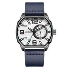 MEGIR 2201 men's sport watch, gunmetal case with white dial and blue leather strap, front view
