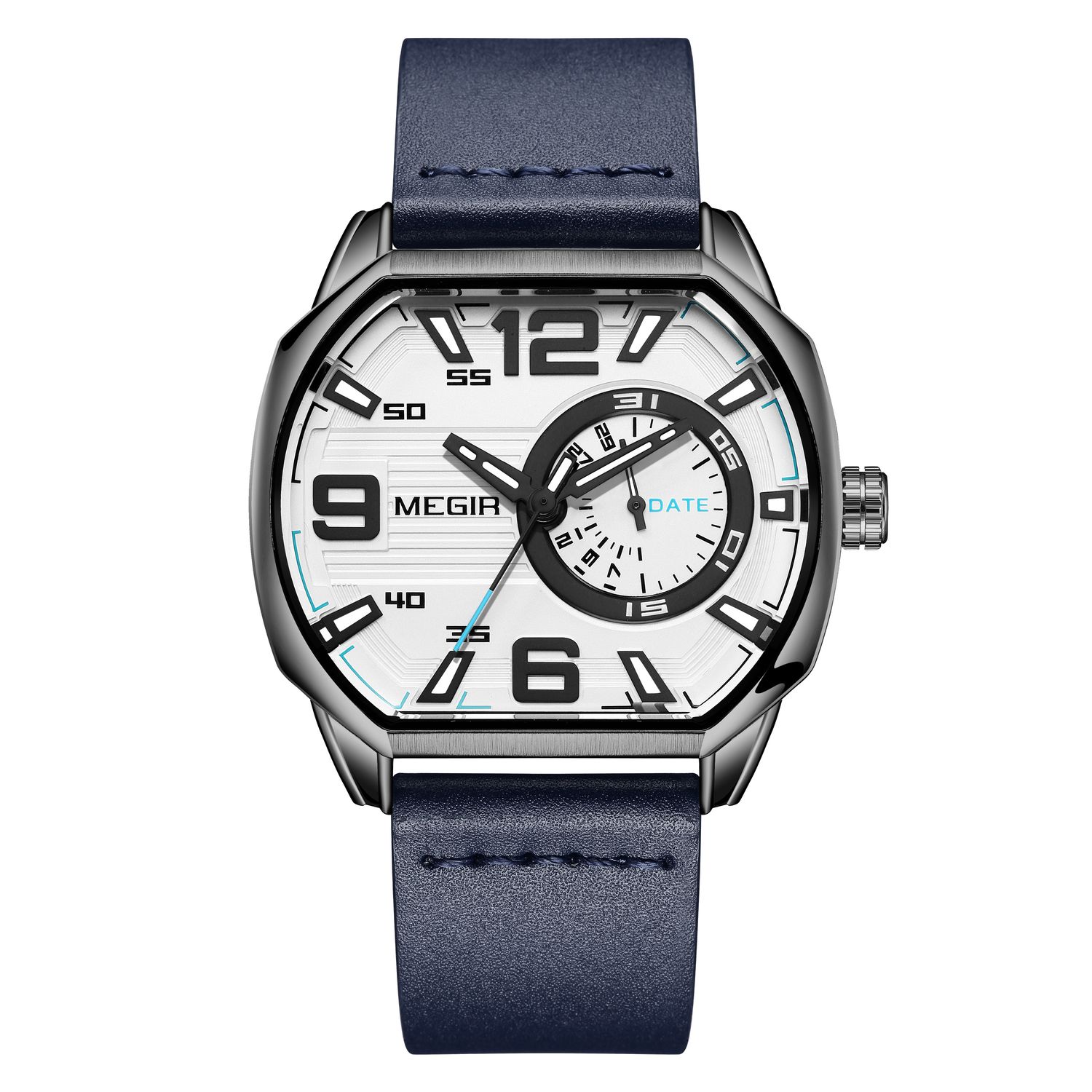 MEGIR 2201 men's sport watch, gunmetal case with white dial and blue leather strap, front view