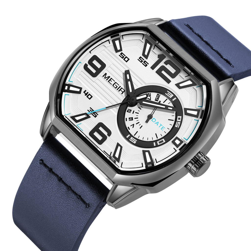 MEGIR 2201 men's sport watch, gunmetal case with white dial and blue leather strap, angled view