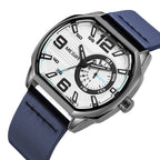 MEGIR 2201 men's sport watch, gunmetal case with white dial and blue leather strap, angled view