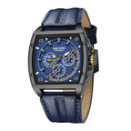 MEGIR 2204 men's chronograph watch, black tonneau case with blue dial and blue leather strap, angled view