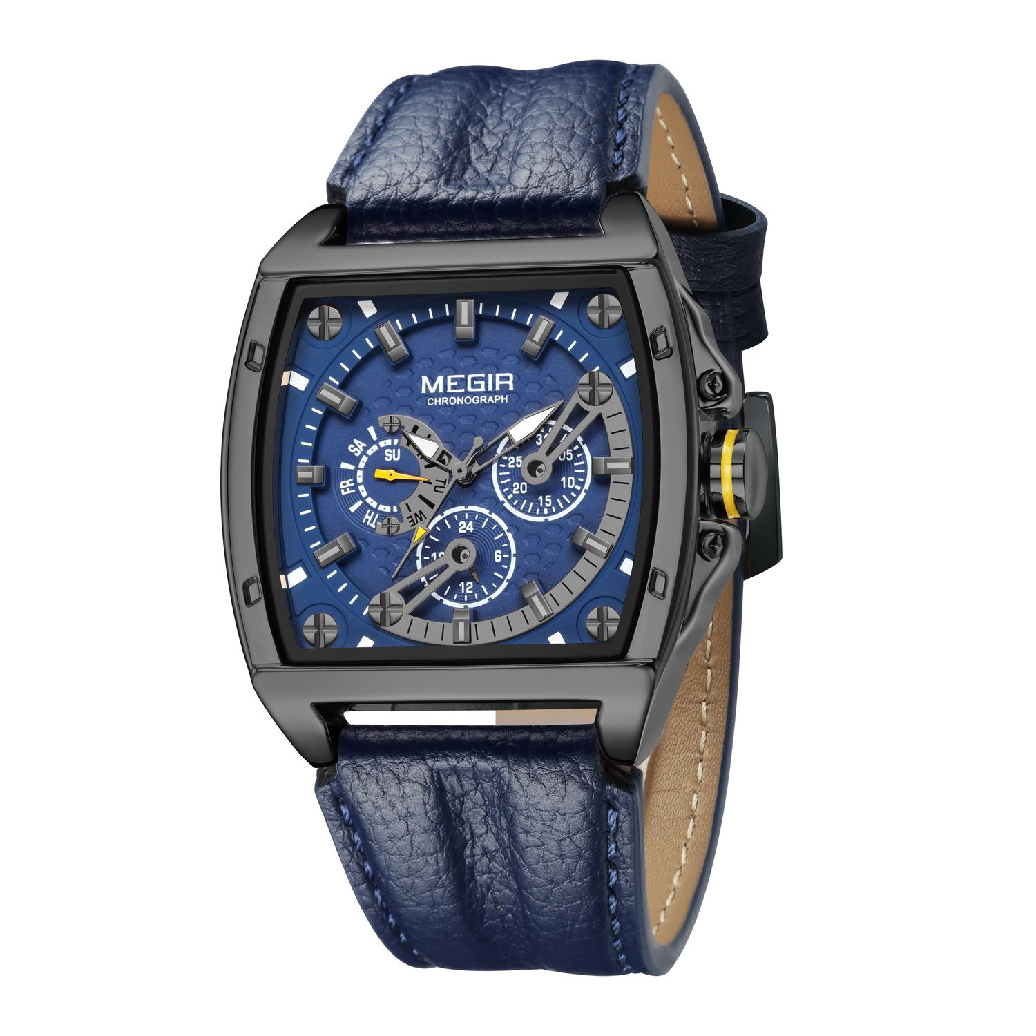 MEGIR 2204 men's chronograph watch, black tonneau case with blue dial and blue leather strap, angled view