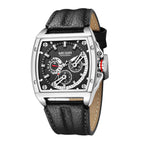 MEGIR 2204 men's chronograph watch, silver tonneau case with black dial and black leather strap, angled view