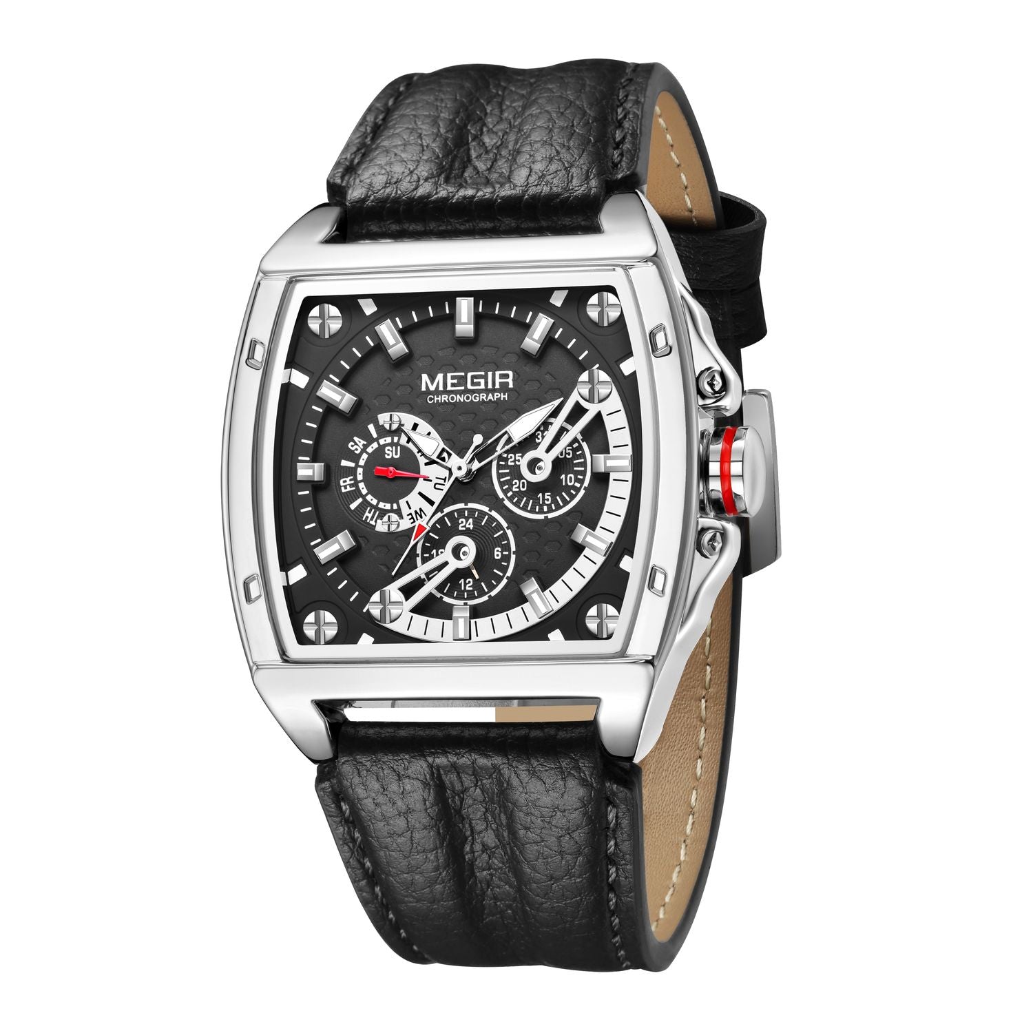 MEGIR 2204 men's chronograph watch, silver tonneau case with black dial and black leather strap, angled view