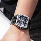 MEGIR 2204 men's chronograph watch on the wrist, silver case with black dial and black leather strap