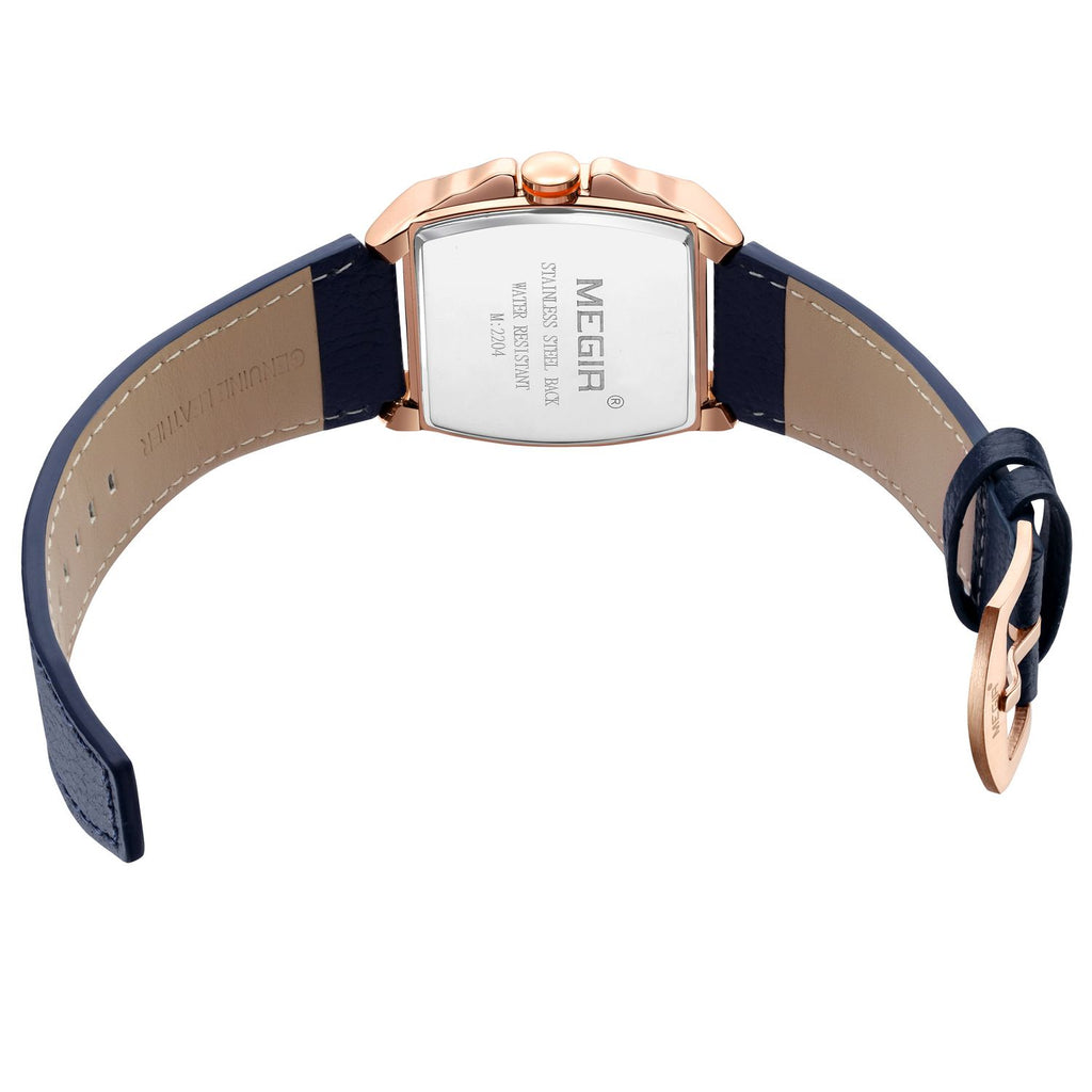 MEGIR 2204 men's chronograph watch caseback with engravings, blue leather strap and rose-gold buckle