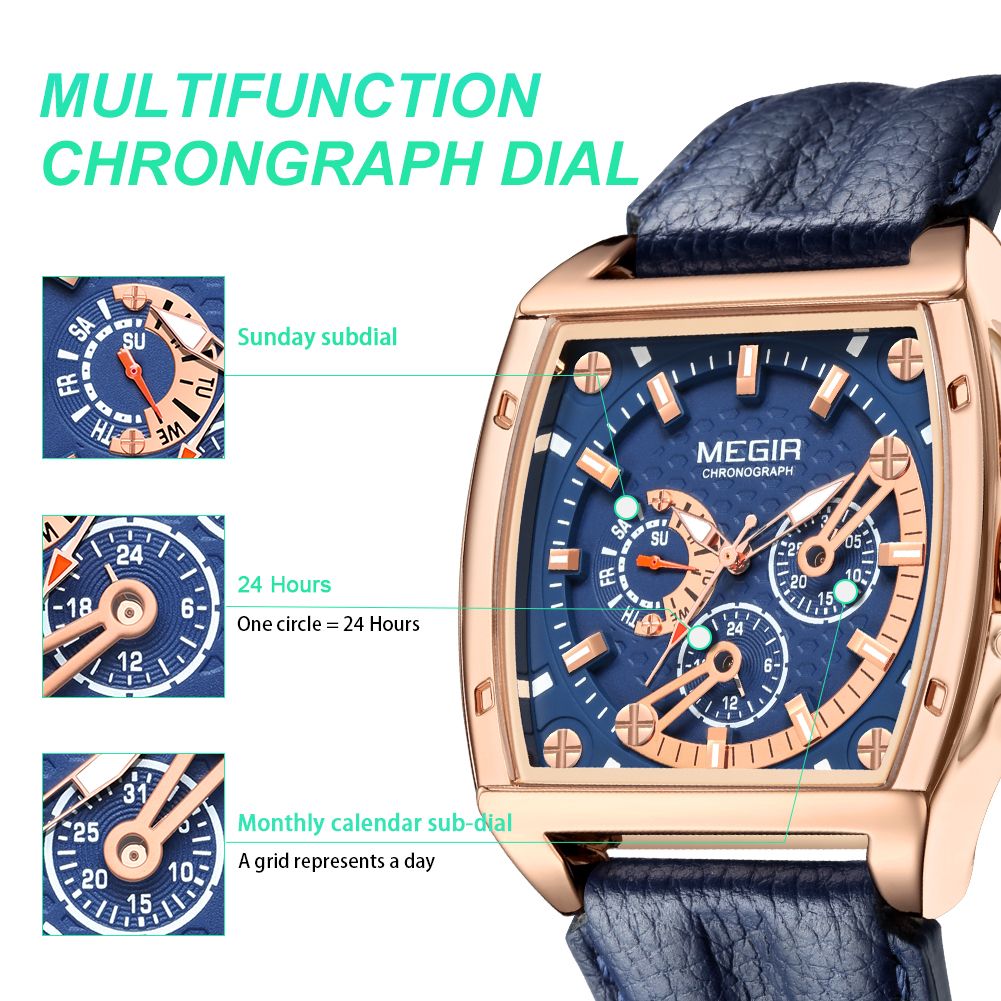 MEGIR 2204 men's chronograph watch feature graphic explaining the day, 24-hour and calendar sub-dials