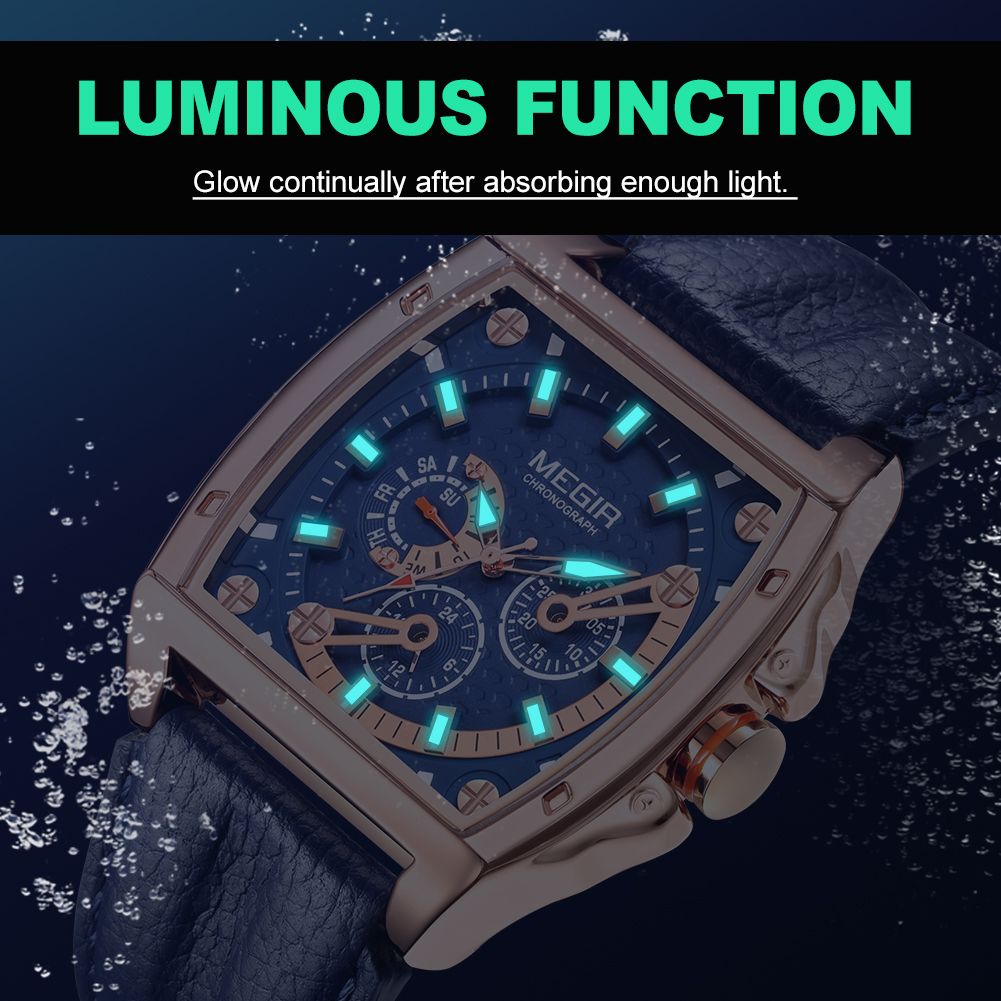 MEGIR 2204 men's chronograph watch feature graphic showing luminous hands and markers glowing in the dark