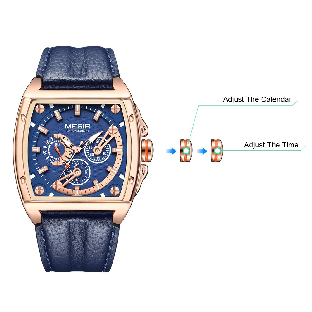 MEGIR 2204 men's chronograph watch operation graphic showing how to adjust the calendar and time