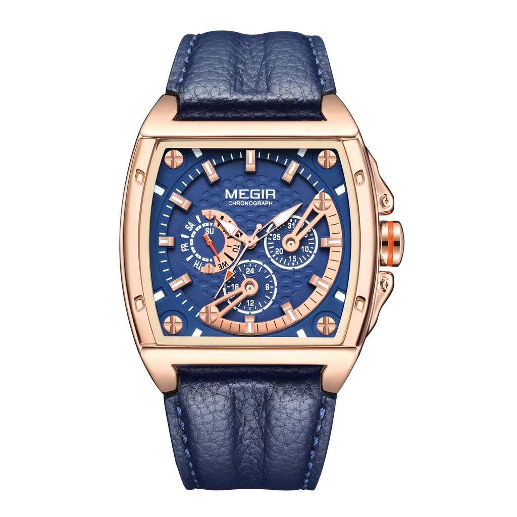MEGIR 2204 men's chronograph watch, rose-gold tonneau case with blue dial and blue leather strap, front view