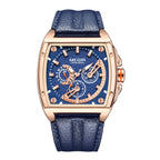 MEGIR 2204 men's chronograph watch, rose-gold tonneau case with blue dial and blue leather strap, front view