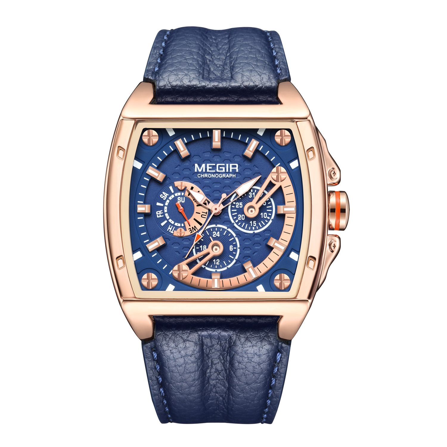MEGIR 2204 men's chronograph watch, rose-gold tonneau case with blue dial and blue leather strap, front view