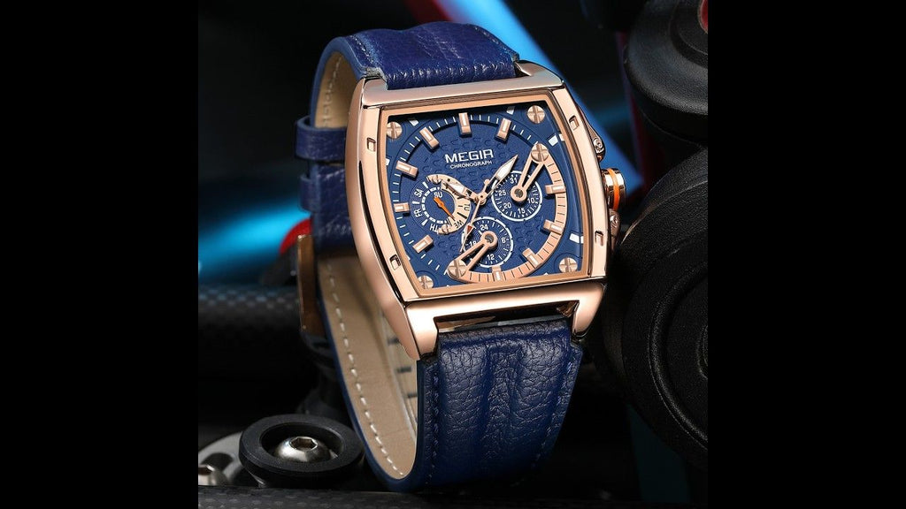 MEGIR 2204 men's chronograph watch, rose-gold case with blue dial and blue leather strap, studio view