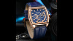 MEGIR 2204 men's chronograph watch, rose-gold case with blue dial and blue leather strap, studio view