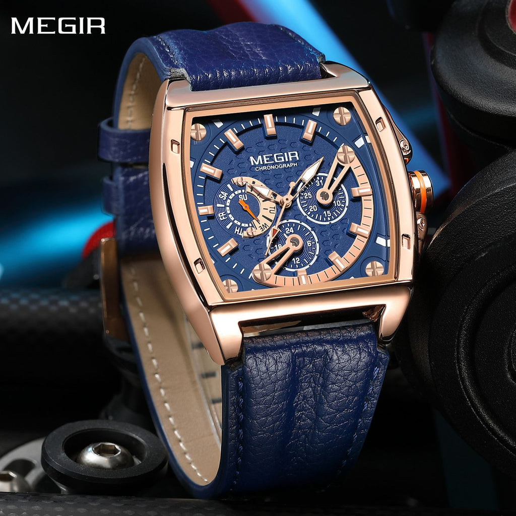 MEGIR 2204 men's chronograph watch, rose-gold case with blue dial and blue leather strap, studio view