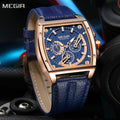 MEGIR 2204 men's chronograph watch, rose-gold case with blue dial and blue leather strap, studio view