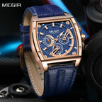 MEGIR 2204 men's chronograph watch, rose-gold case with blue dial and blue leather strap, studio view