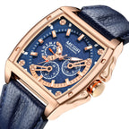 MEGIR 2204 men's chronograph watch, rose-gold tonneau case with blue dial and blue leather strap, three-quarter view