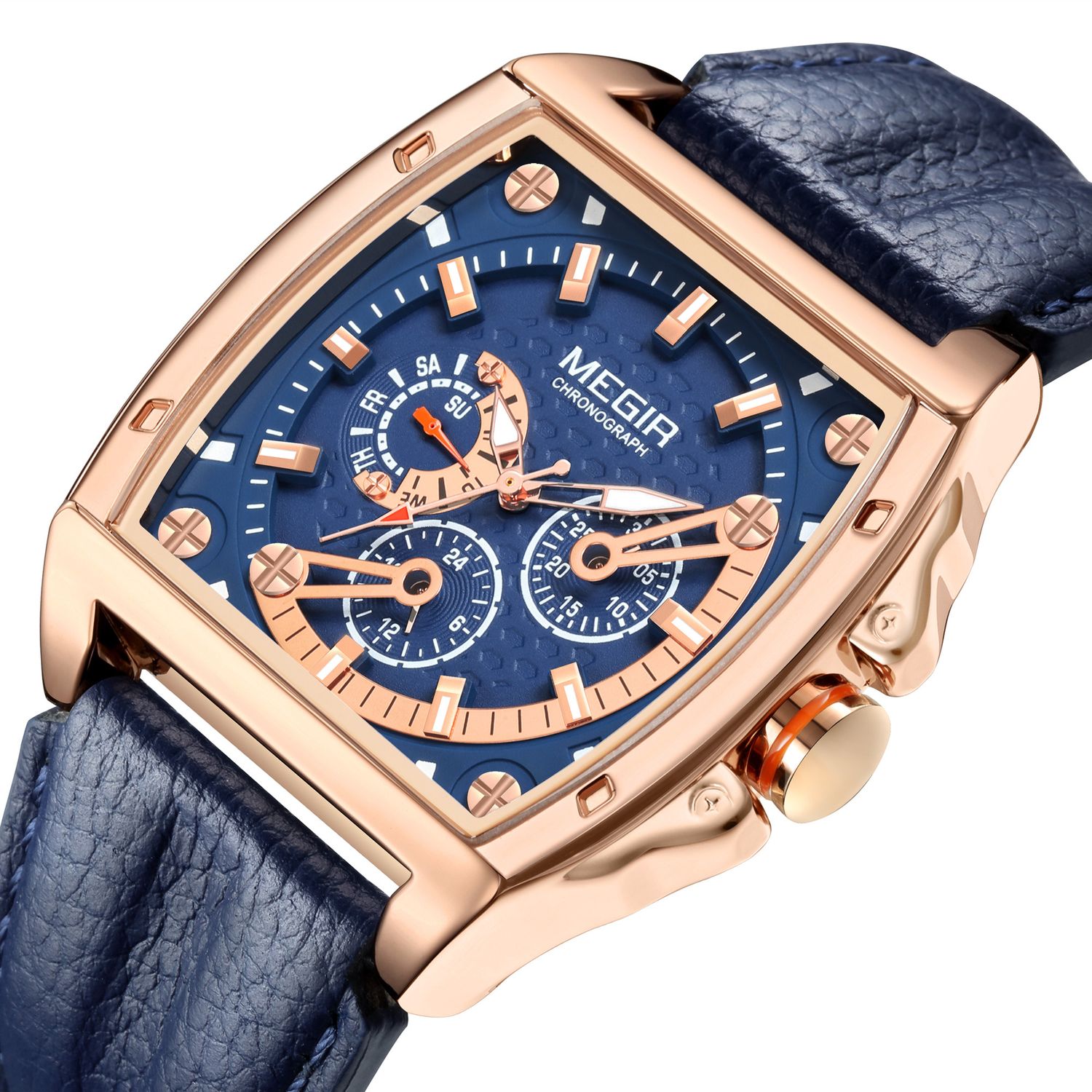 MEGIR 2204 men's chronograph watch, rose-gold tonneau case with blue dial and blue leather strap, three-quarter view