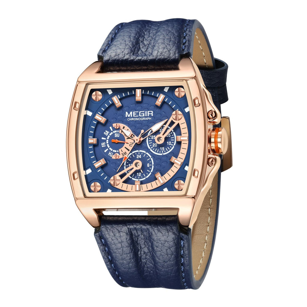 MEGIR 2204 men's chronograph watch, rose-gold tonneau case with blue dial and blue leather strap, angled view