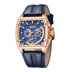 MEGIR 2204 men's chronograph watch, rose-gold tonneau case with blue dial and blue leather strap, angled view