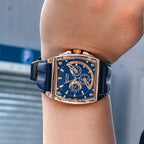 MEGIR 2204 men's chronograph watch on the wrist, rose-gold case with blue dial and blue leather strap