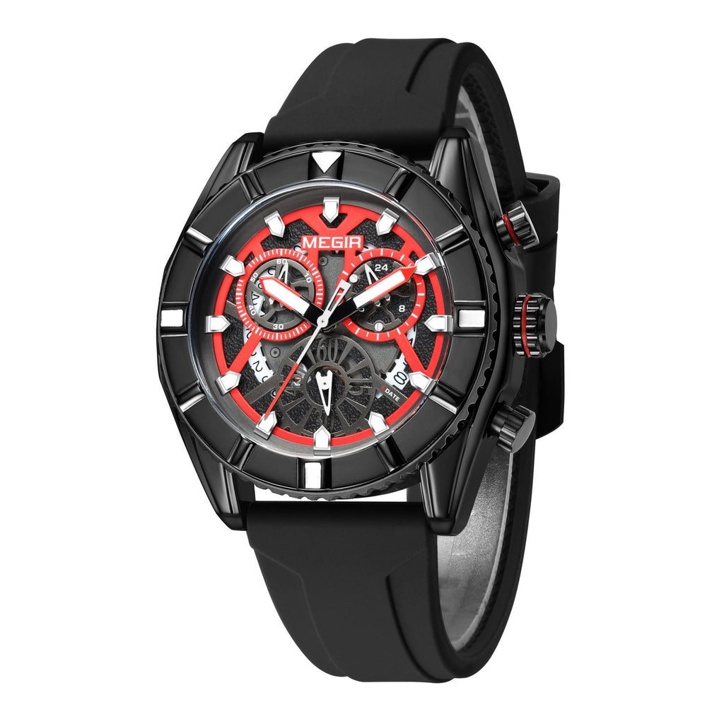 MEGIR 2209 men's chronograph watch, black case with red-accent skeleton dial and black silicone strap, angled view